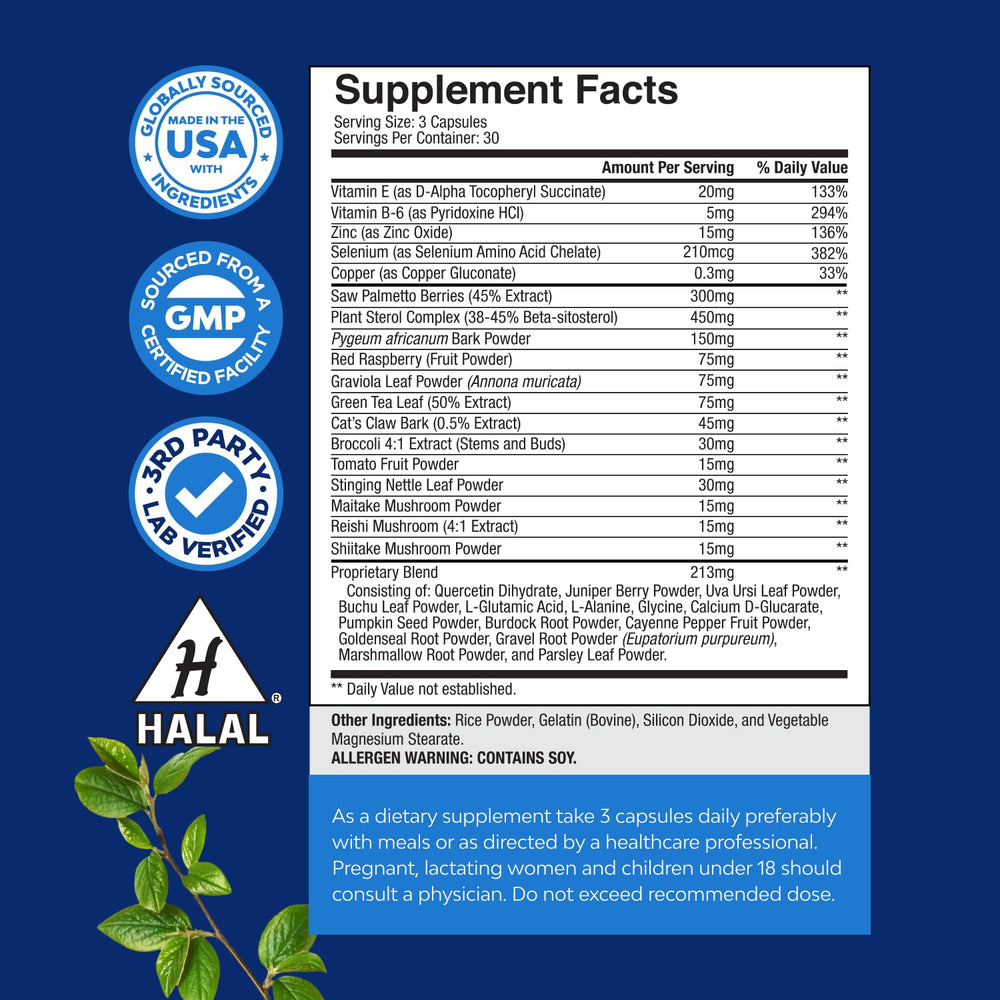 Close-up of ingredients label highlighting saw palmetto and pygeum for bladder support.