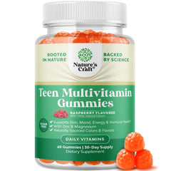 Natures Craft Teen Multivitamin Gummies bottle on table supports daily teen growth and immune health.