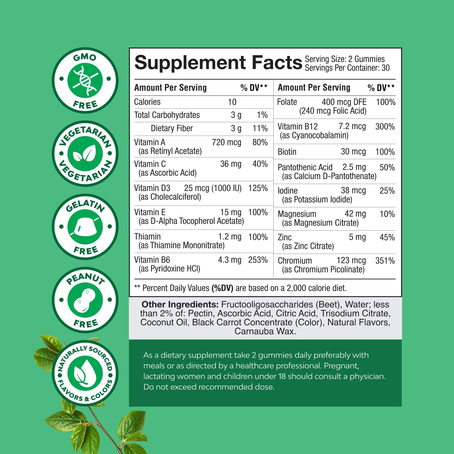 Natures Craft Teen Multivitamin Gummies nutrition label highlights zinc and essential vitamins.