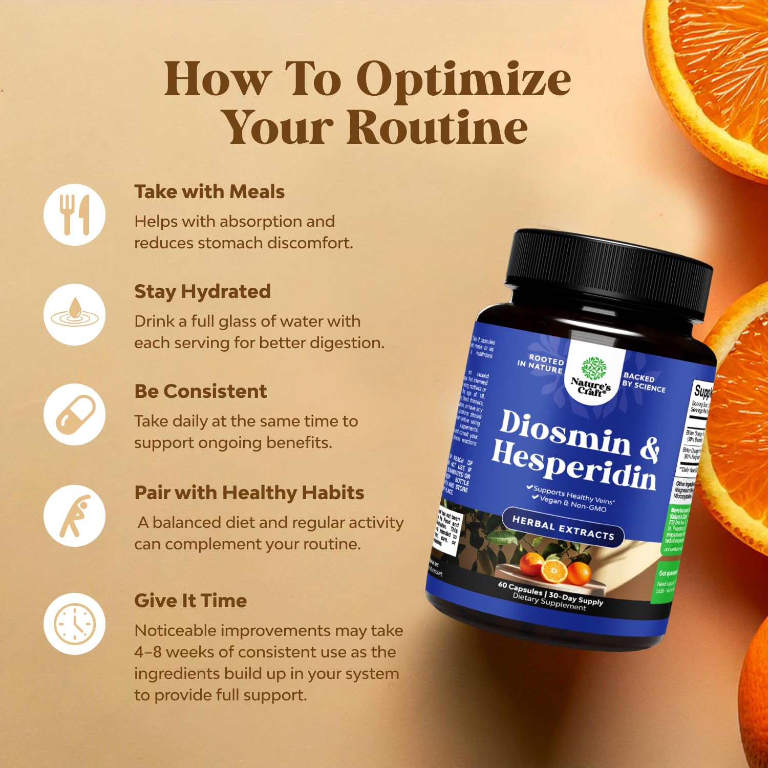 Packaging artwork of Natures Craft Diosmin Hesperidin suggests vegan, non-GMO quality.