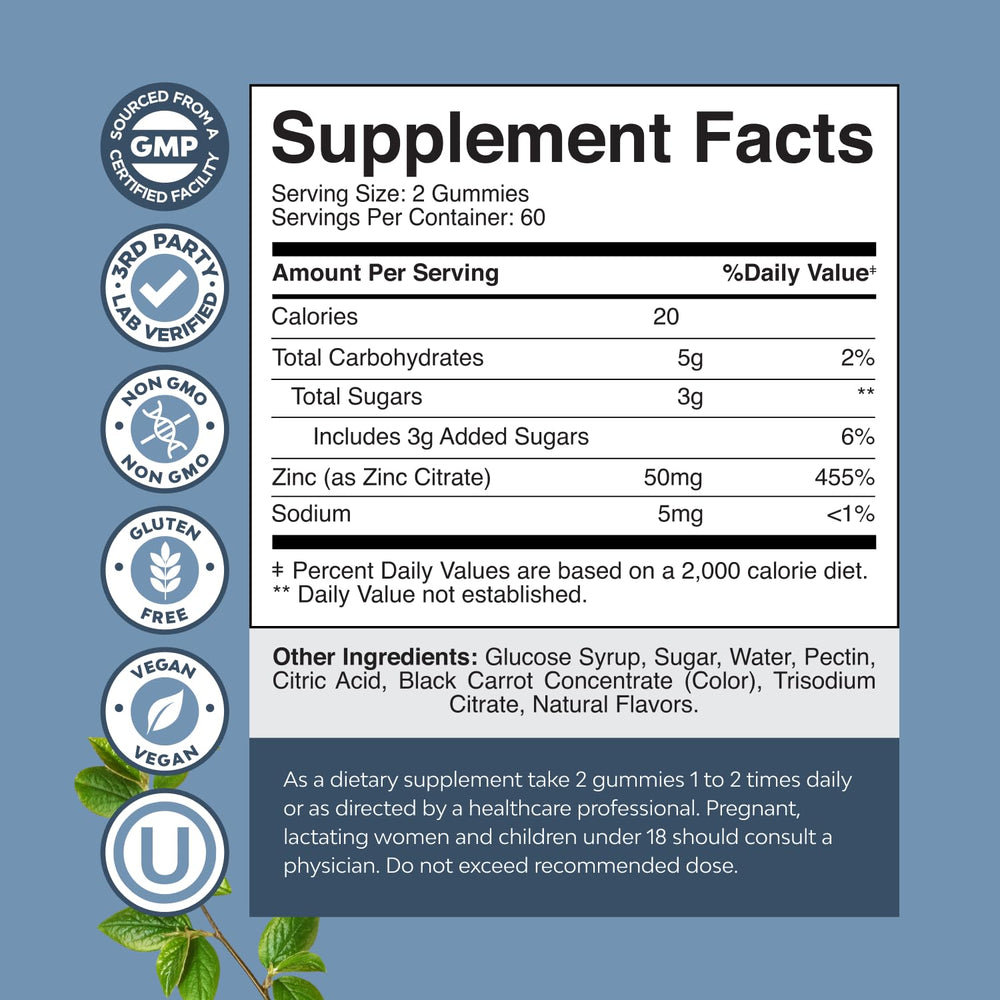 Natures Craft zinc gummies serving with label illustrating adult daily use guidance