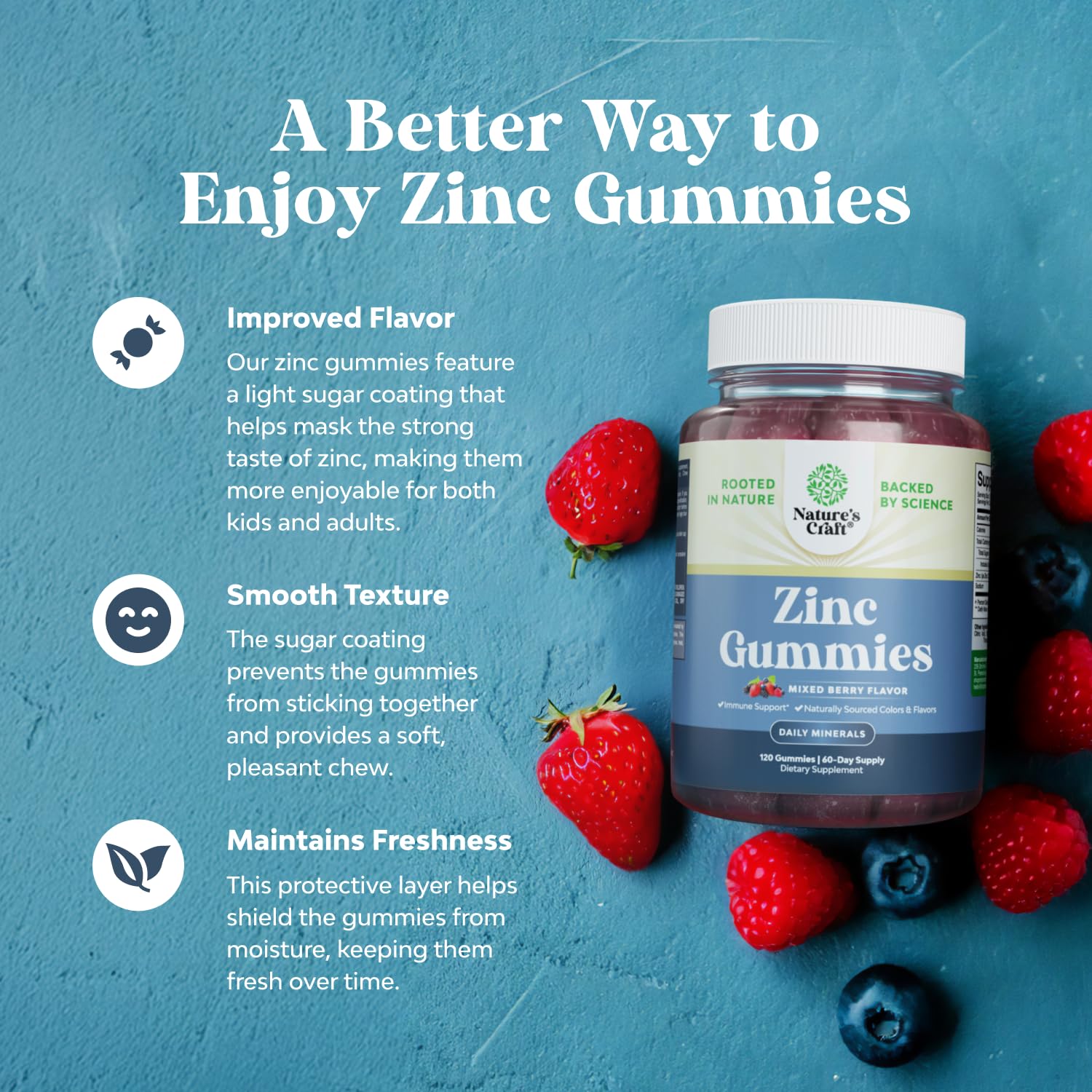Natures Craft zinc gummies packaging displays non-GMO Kosher Halal icons