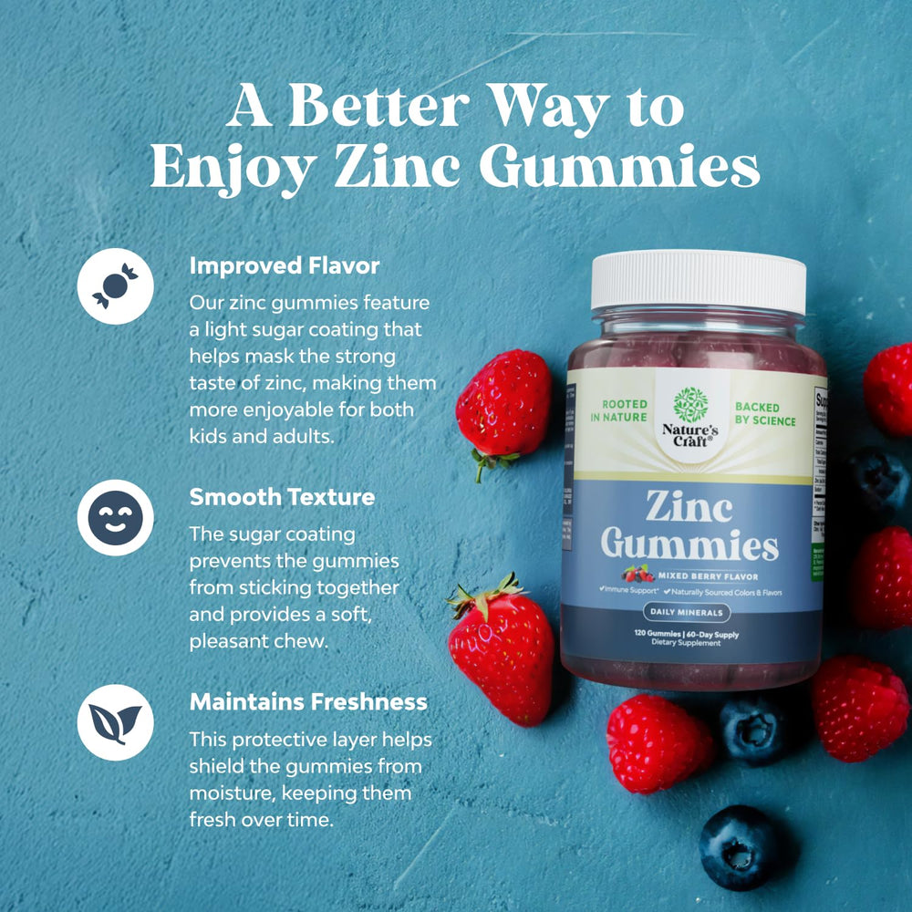 Natures Craft zinc gummies packaging displays non-GMO Kosher Halal icons