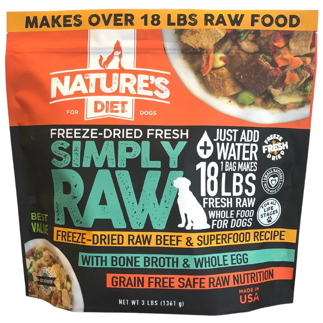 Nature's Diet Simply Raw freeze-dried beef meal bag for quick, wholesome feeding.