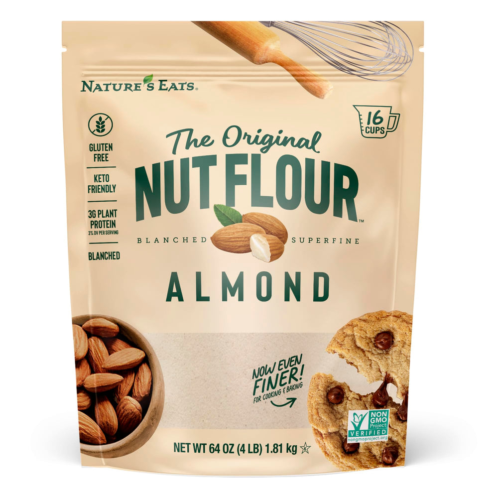 Nature's Eats Blanched Almond Flour 64 oz bulk bag for gluten-free and keto-friendly baking.