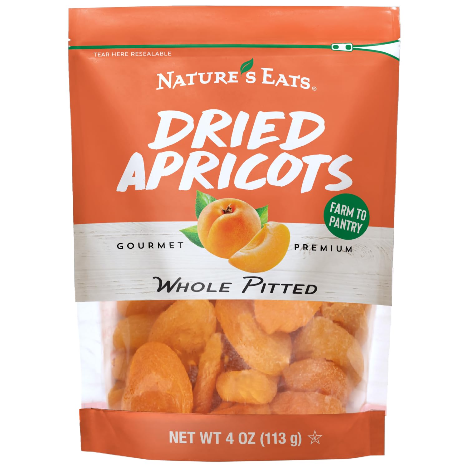 Nature's Eats Dried Apricots front view, naturally chewy and versatile snack for on-the-go