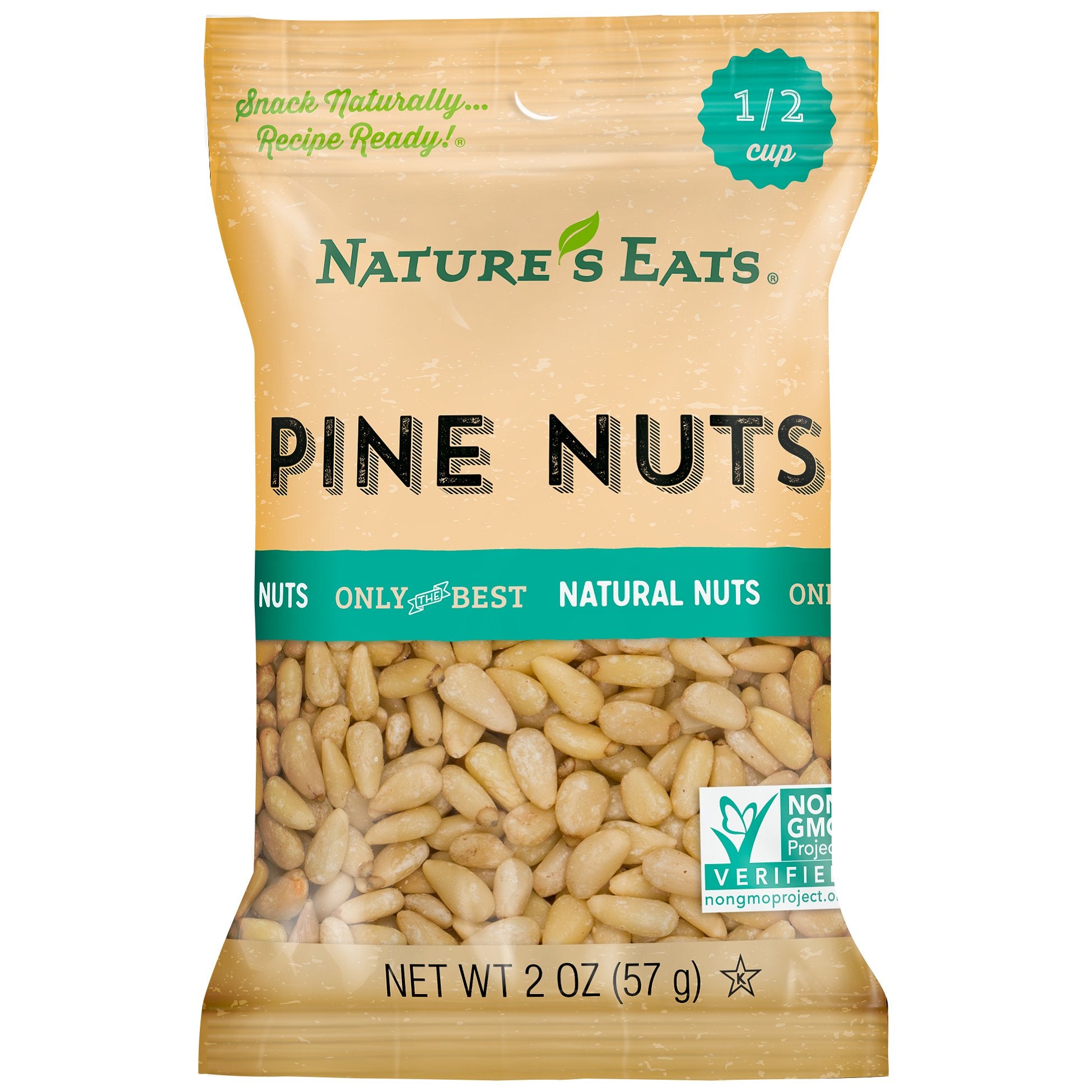 Nature's Eats pine nuts 2 oz pouch with raw, unsalted kernels for healthy snacking.