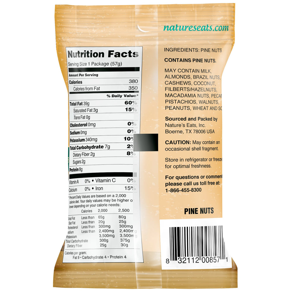 Close-up of Nature's Eats pine nuts' buttery texture, ideal for pesto and baking.