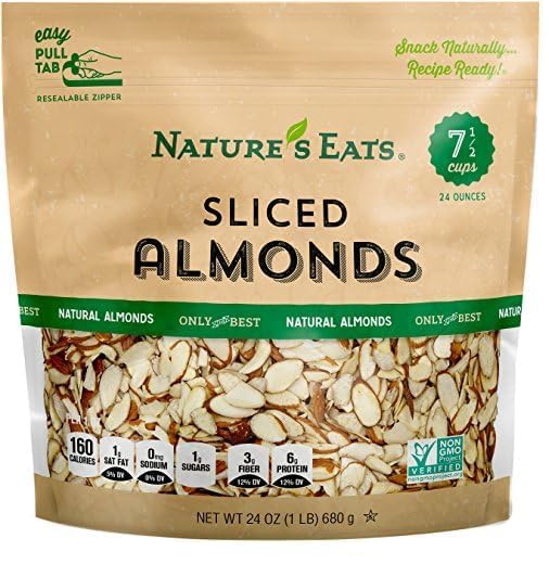 Nature's Eats sliced almonds bag close-up, ideal as a heart-healthy yogurt topping.