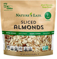 Nature's Eats sliced almonds bag close-up, ideal as a heart-healthy yogurt topping.