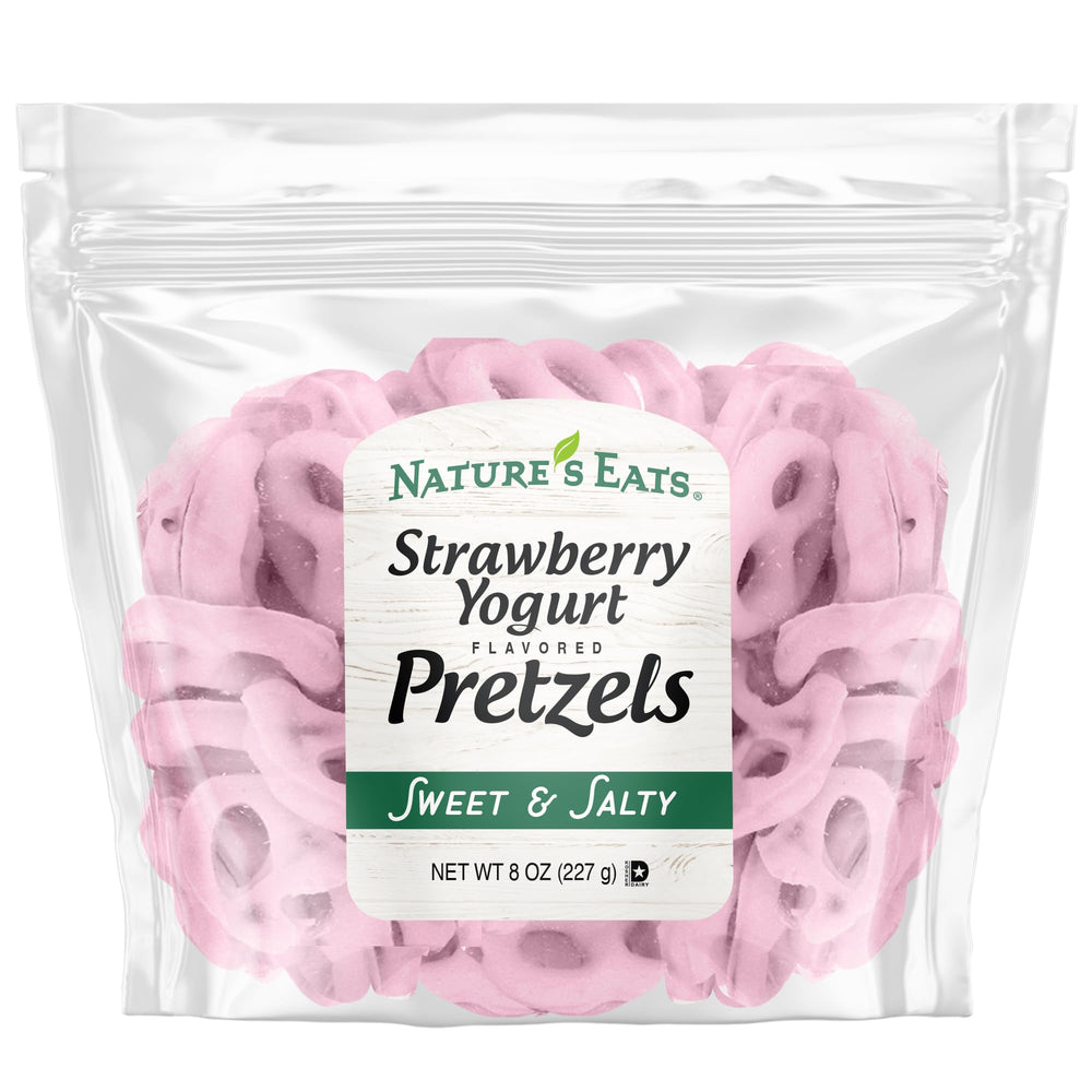 Natures Eats Strawberry Yogurt Pretzels front-pack image, ideal on-the-go snack.