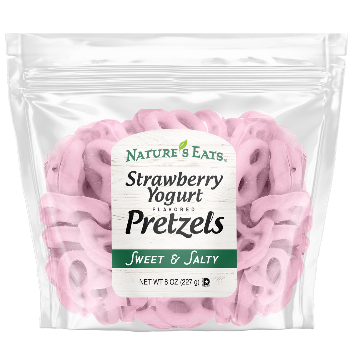 Natures Eats Strawberry Yogurt Pretzels front-pack image, ideal on-the-go snack.