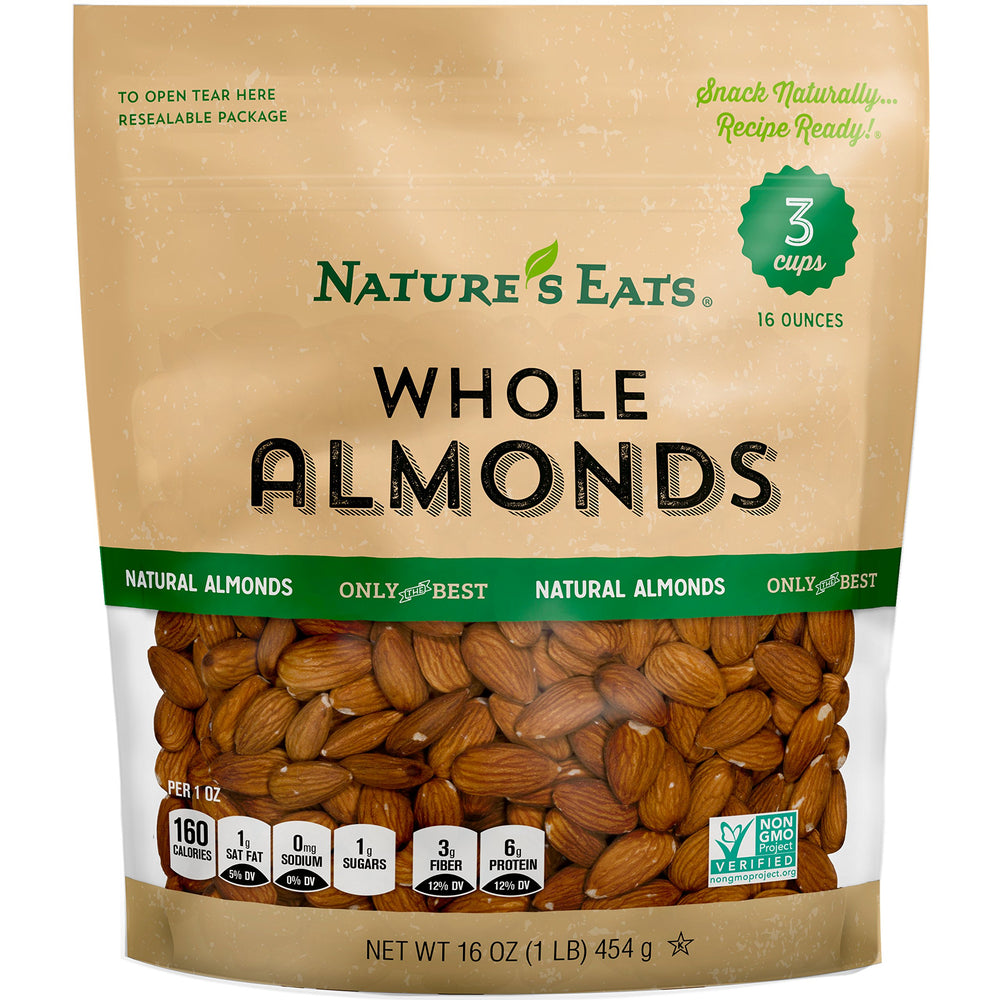 Nature's Eats almonds in a bag show a protein-rich, convenient snack option