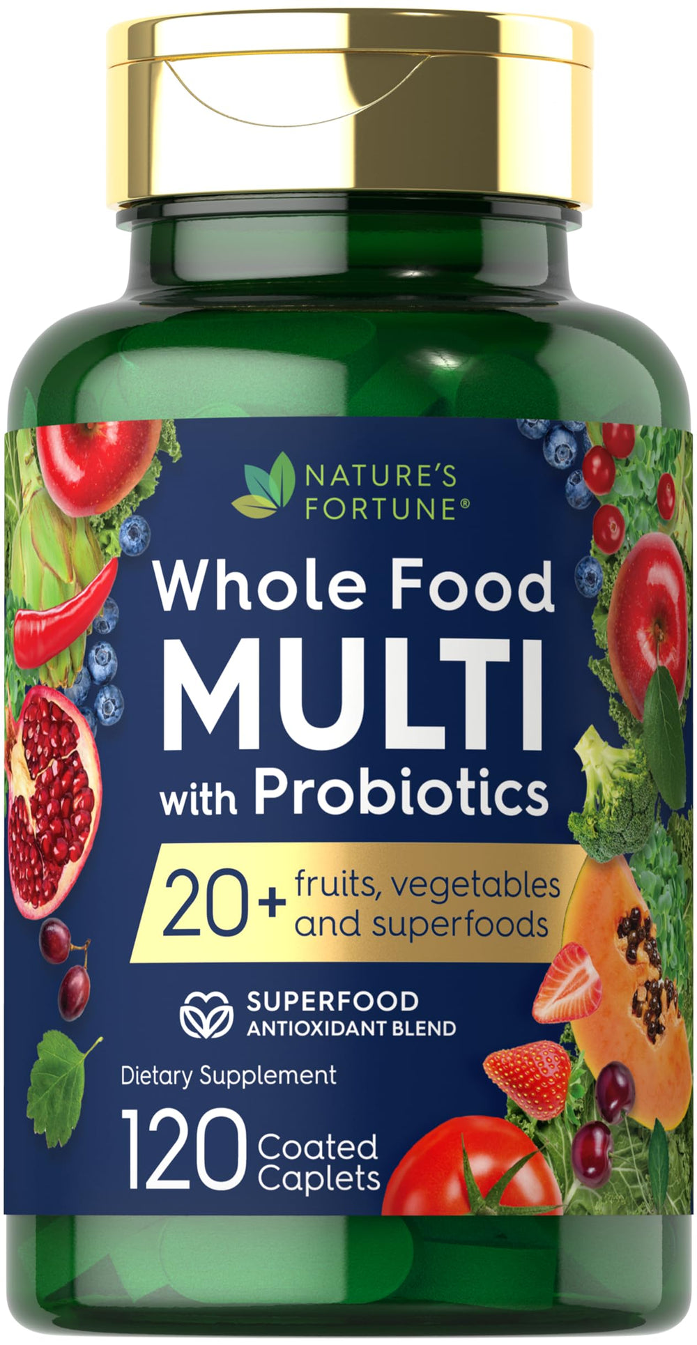 Nature's Fortune Whole Food Multivitamin bottle front for daily support with real-fruit and veggie blends