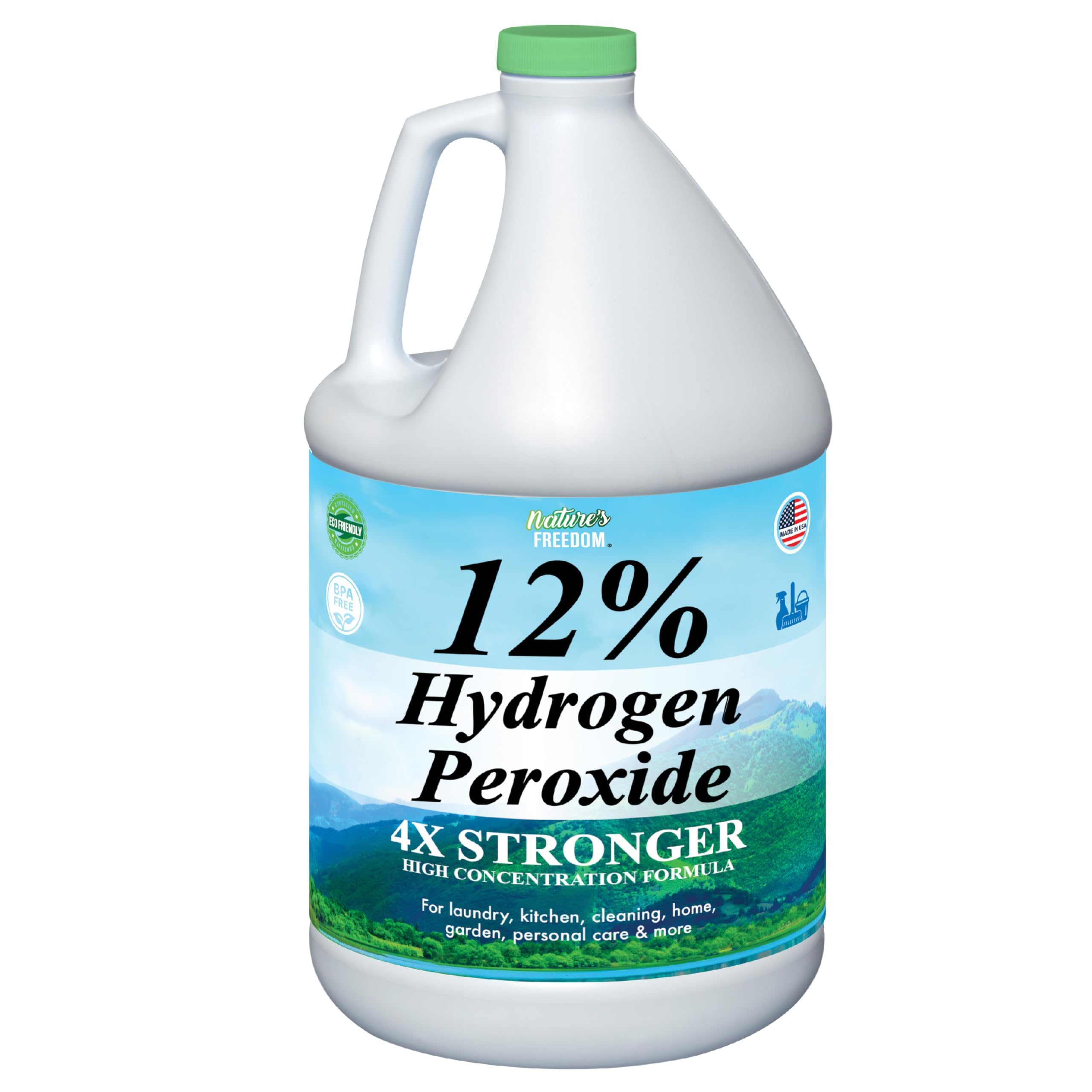 Nature's Freedom 12% hydrogen peroxide bottle for versatile cleaning tasks.