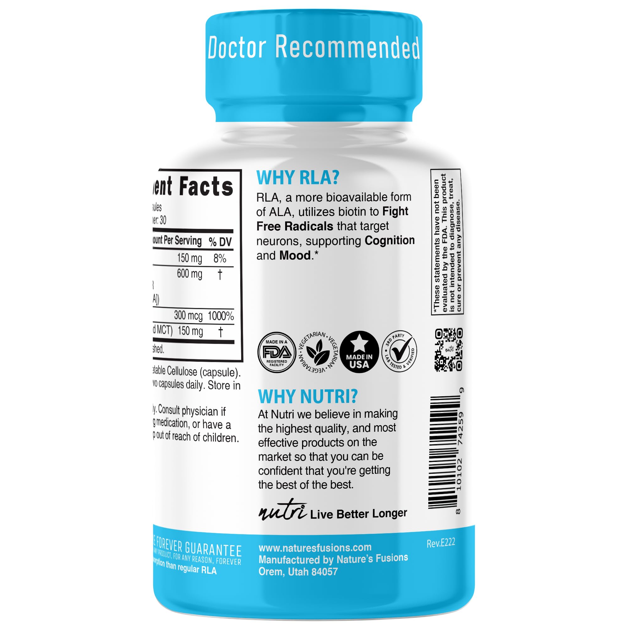 Biotin-stabilized Nutri R ALA capsules contrasted with vegan shell.