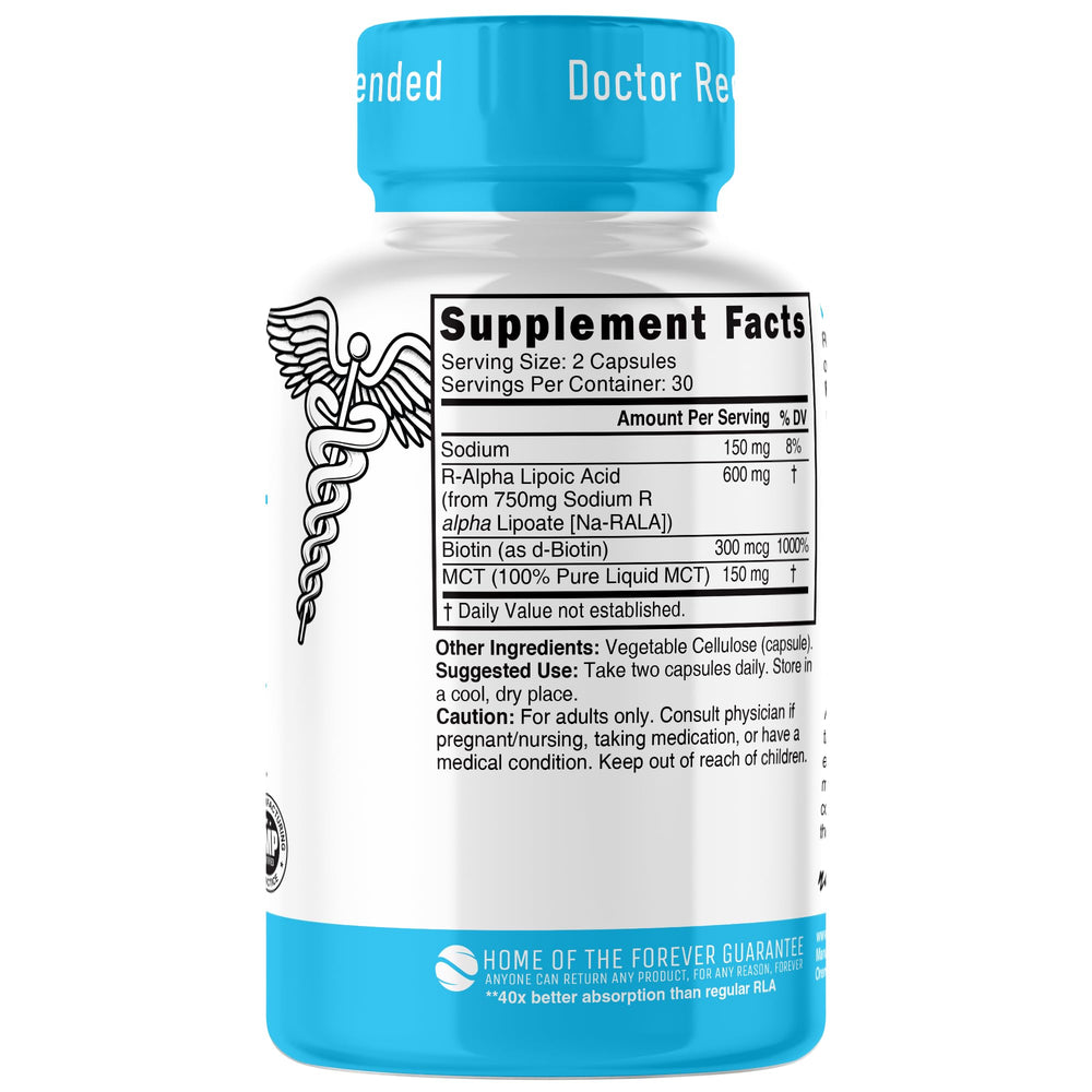 Nature's Fusions Nutri R ALA capsules front view highlighting Biotin inclusion.
