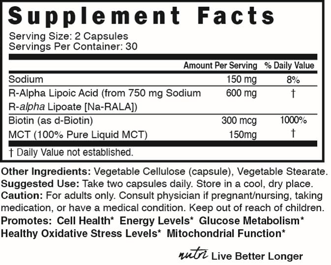 Nutri R Alpha Lipoic Acid label close-up noting USA manufacturing and testing.