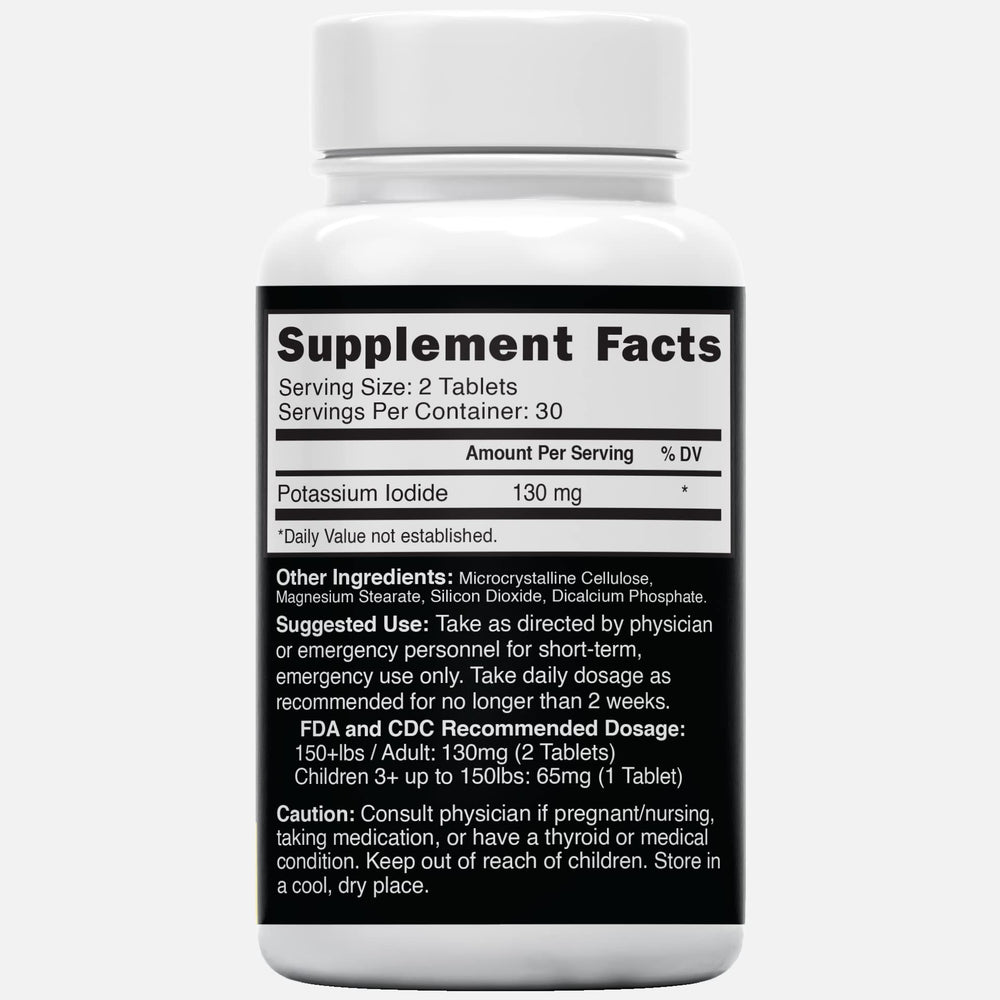 Nature's Fusions potassium iodide tablets label close-up with quality and dosage information