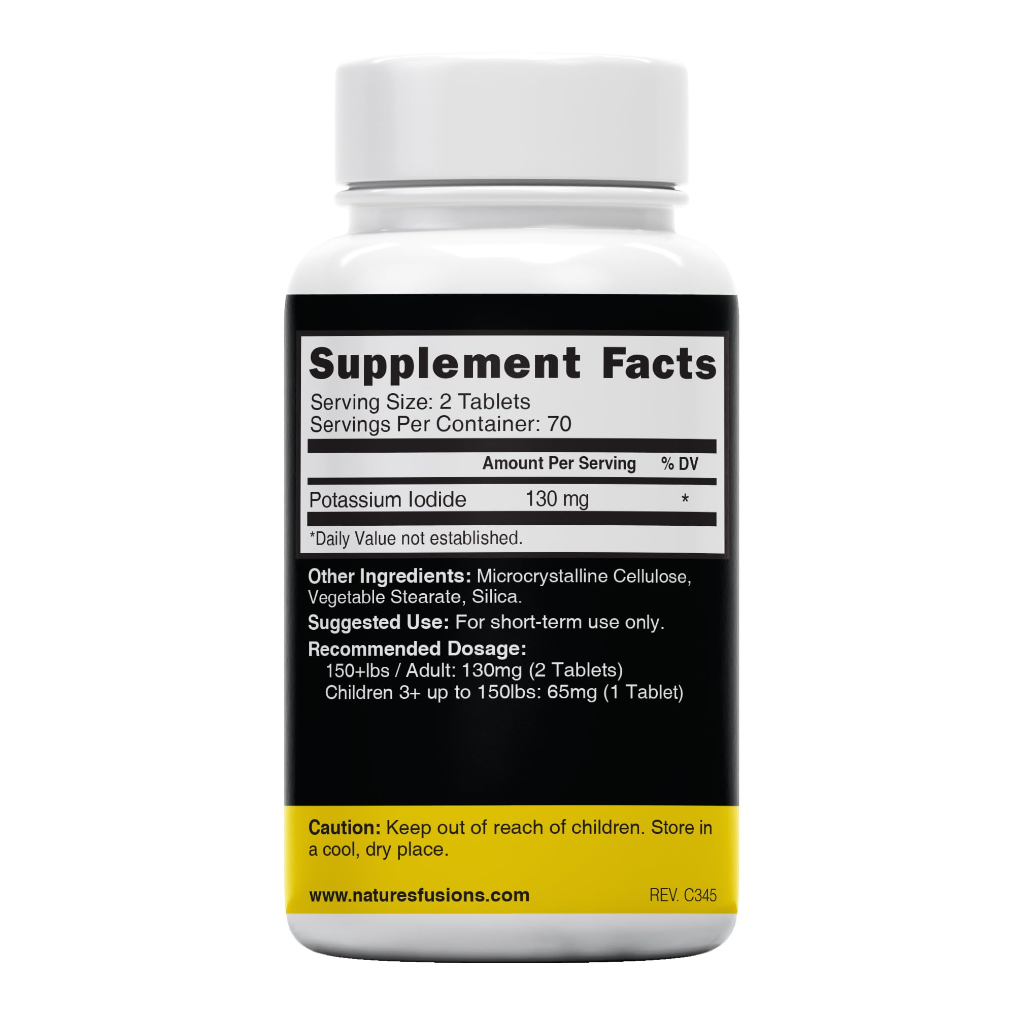 Nature's Fusions potassium iodide tablets close-up showing 130 mg dosage per tablet