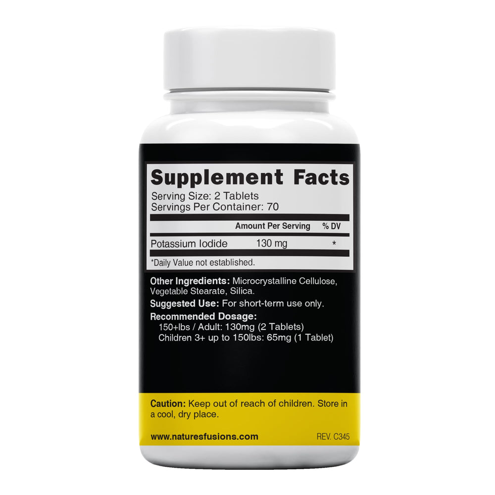 Nature's Fusions potassium iodide tablets close-up showing 130 mg dosage per tablet