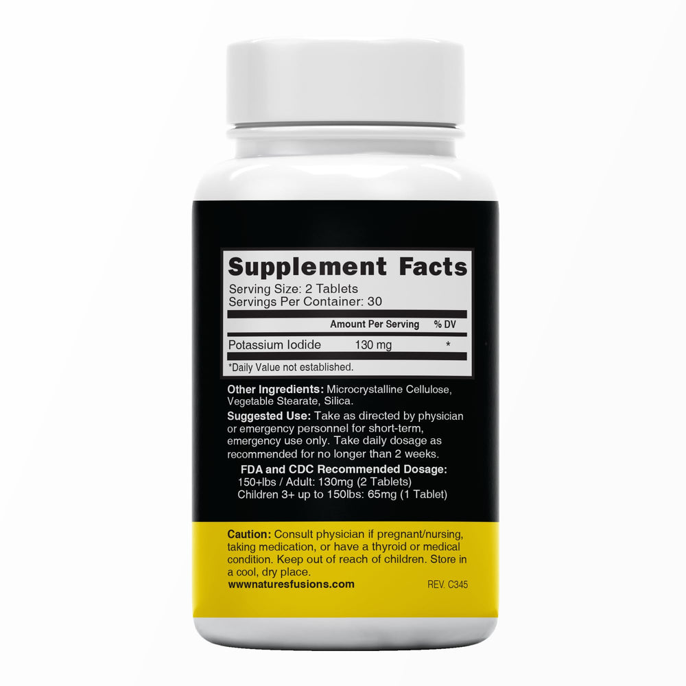 Nature's Fusions Potassium Iodide tablets label close-up showing 130 mg dosing guidance
