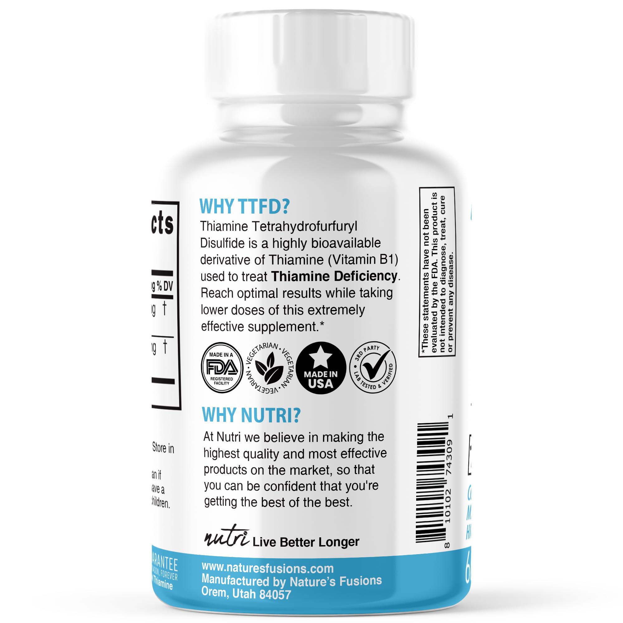 Nature's Fusions TTFD Thiamine label detail highlighting testing and sourcing