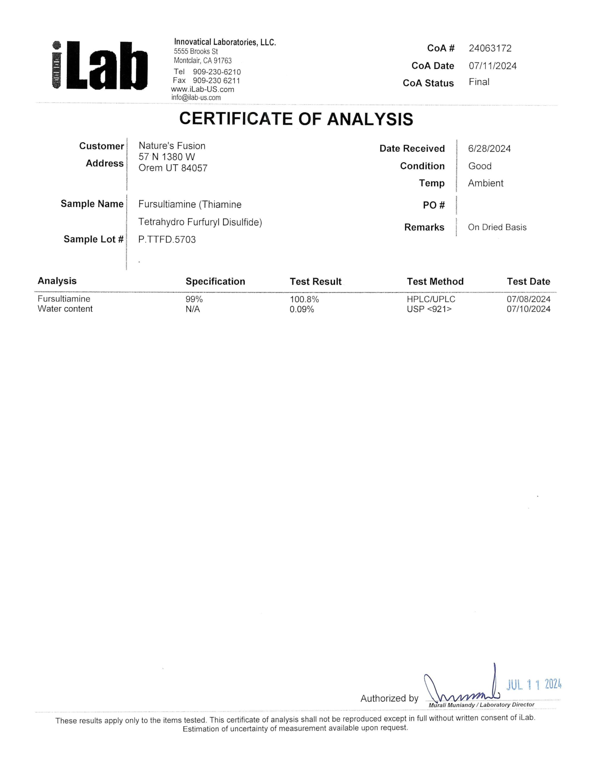 Nature's Fusions TTFD Thiamine third-party testing result display