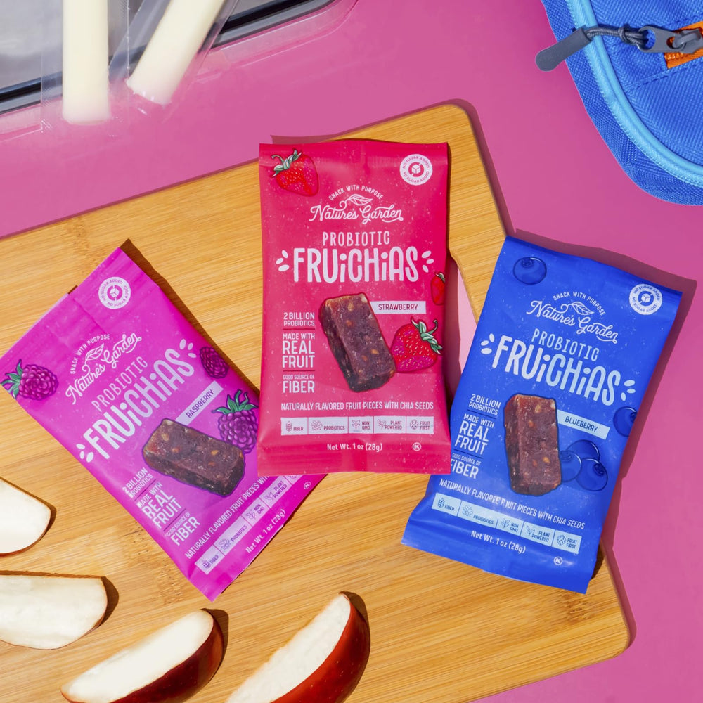 Nature's Garden Fruichias no sugar added label, gluten-free nutrition.