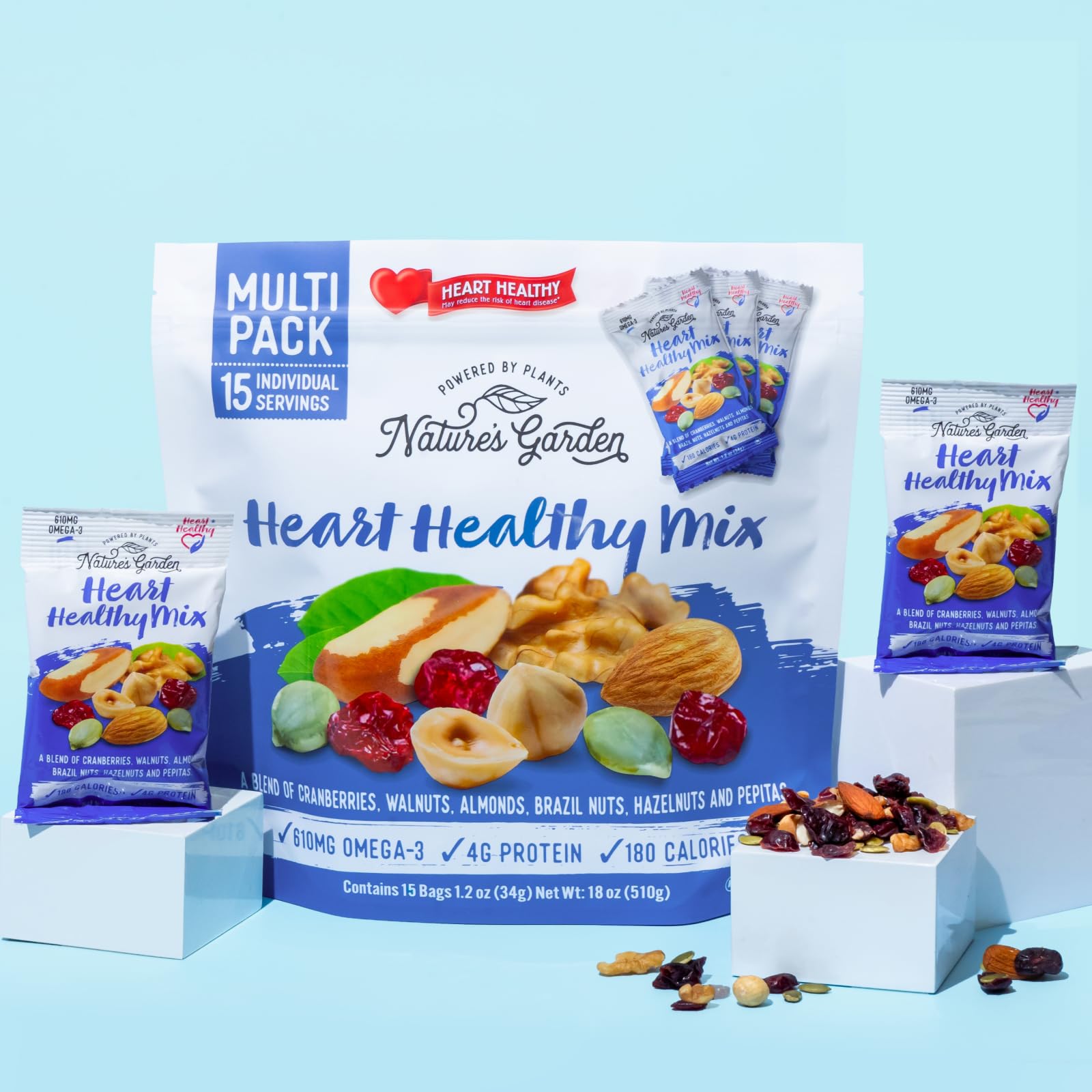 Recyclable bag of Nature's Garden Heart Healthy Mix highlights sustainability.