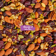 Nature's Garden Omega-3 Deluxe Mix nuts closeup shows fiber and protein content