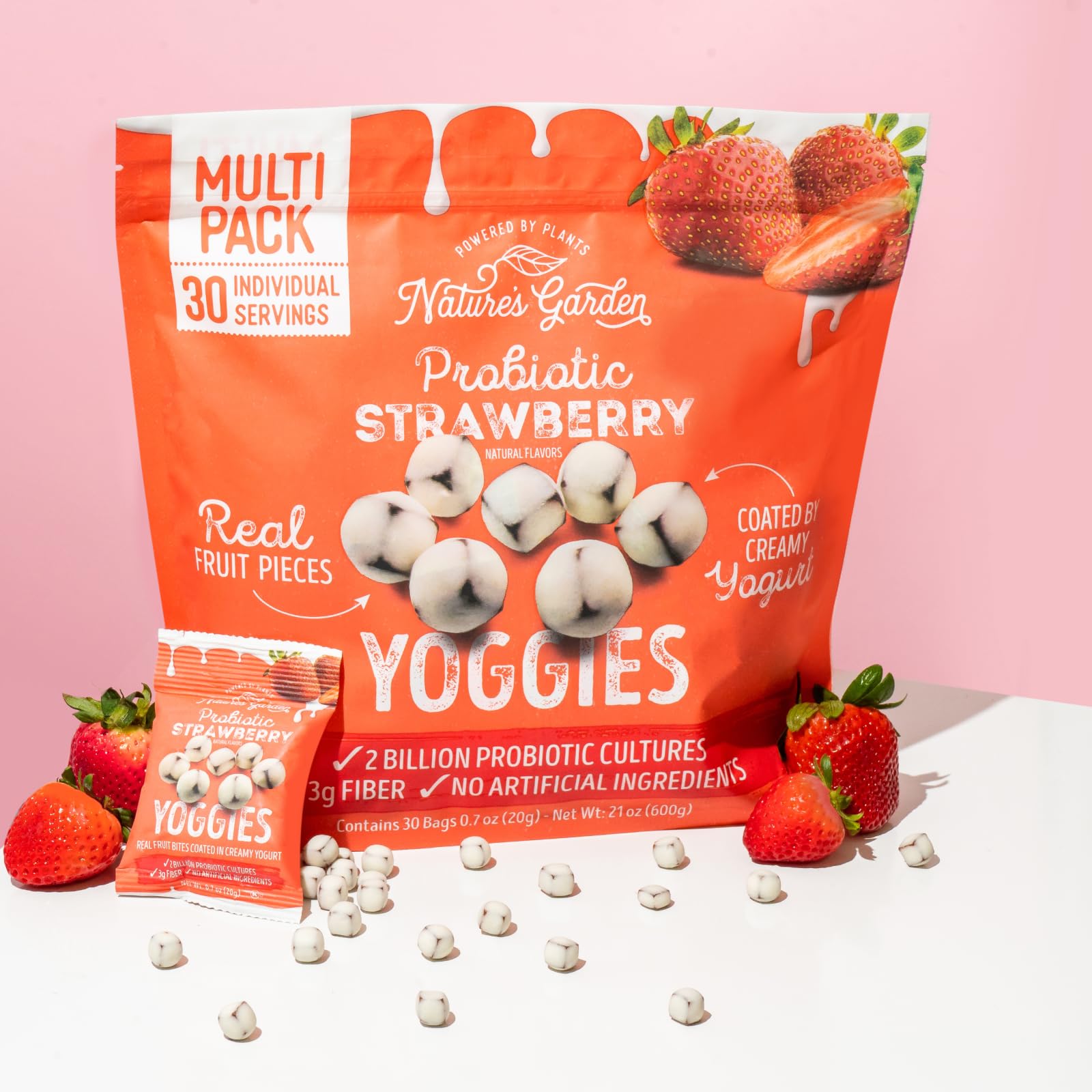 Pre-portioned Nature's Garden Probiotic Strawberry Yoggies packs support easy travel snacking.