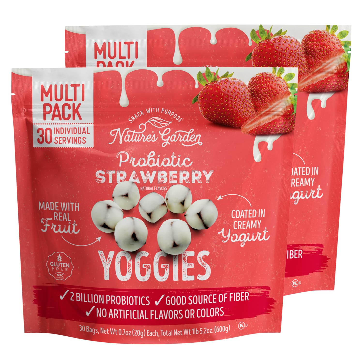 Nature's Garden Probiotic Strawberry Yoggies two-bag packaging for convenient on-the-go snacking.