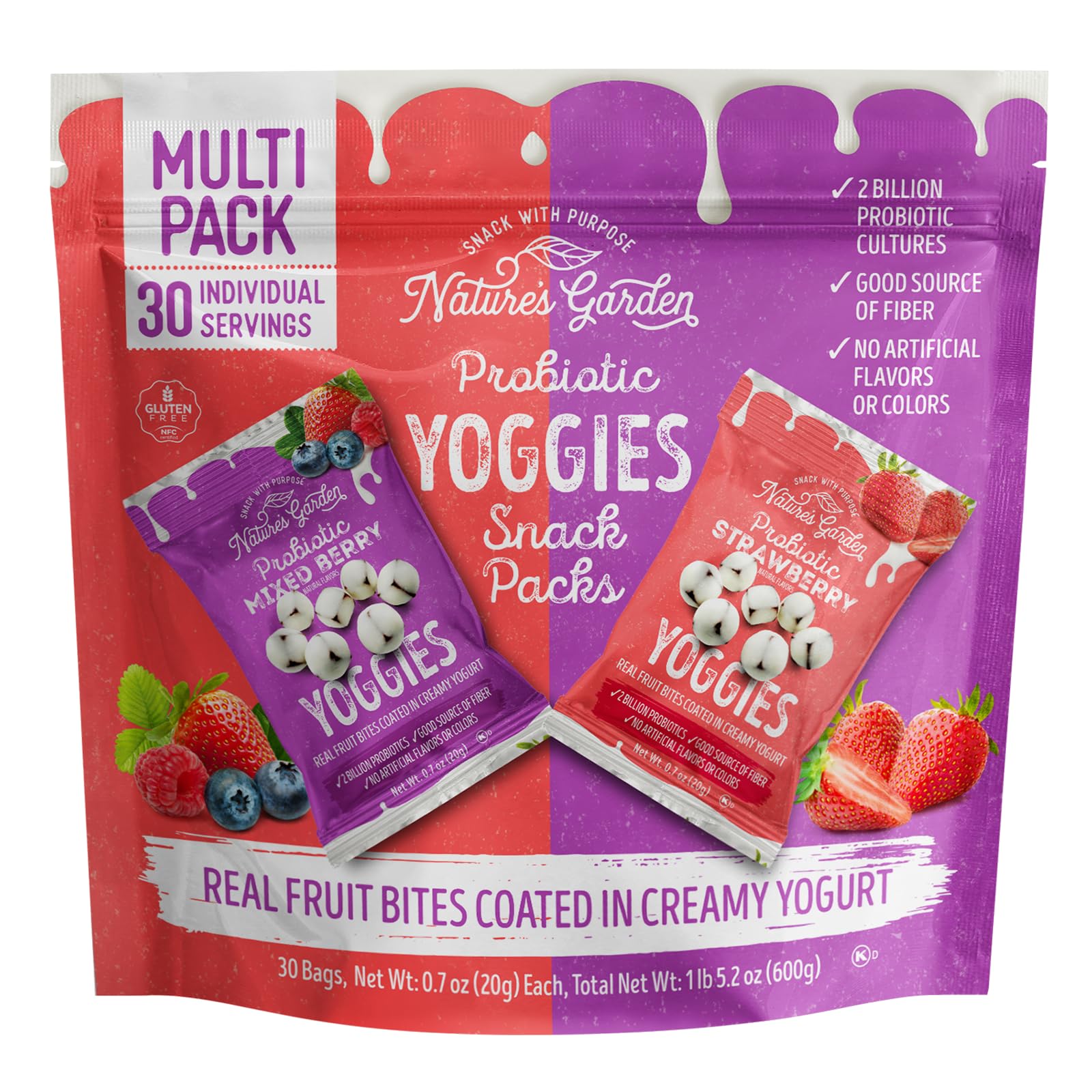Nature's Garden Probiotic Yoggies strawberry coating closeup emphasizes probiotic goodness and flavor.
