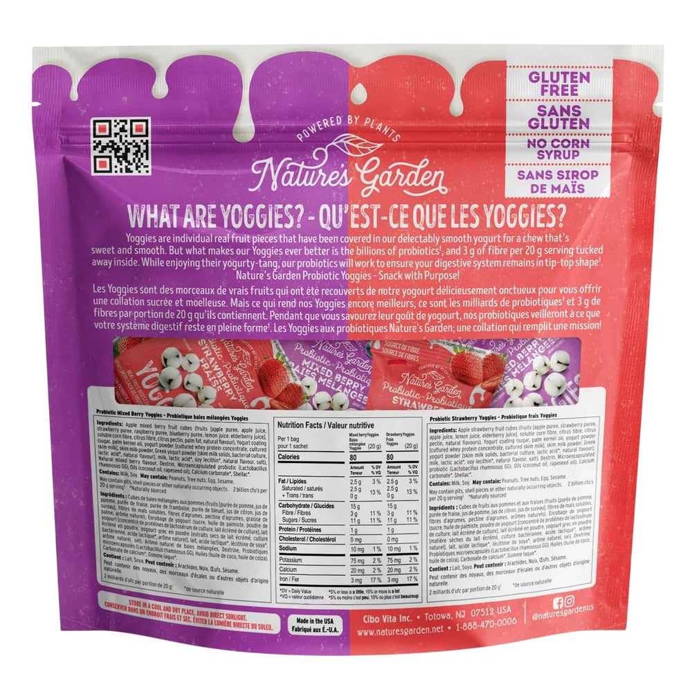 Nature's Garden Probiotic Yoggies strawberry pack front view shows creamy yogurt coating.