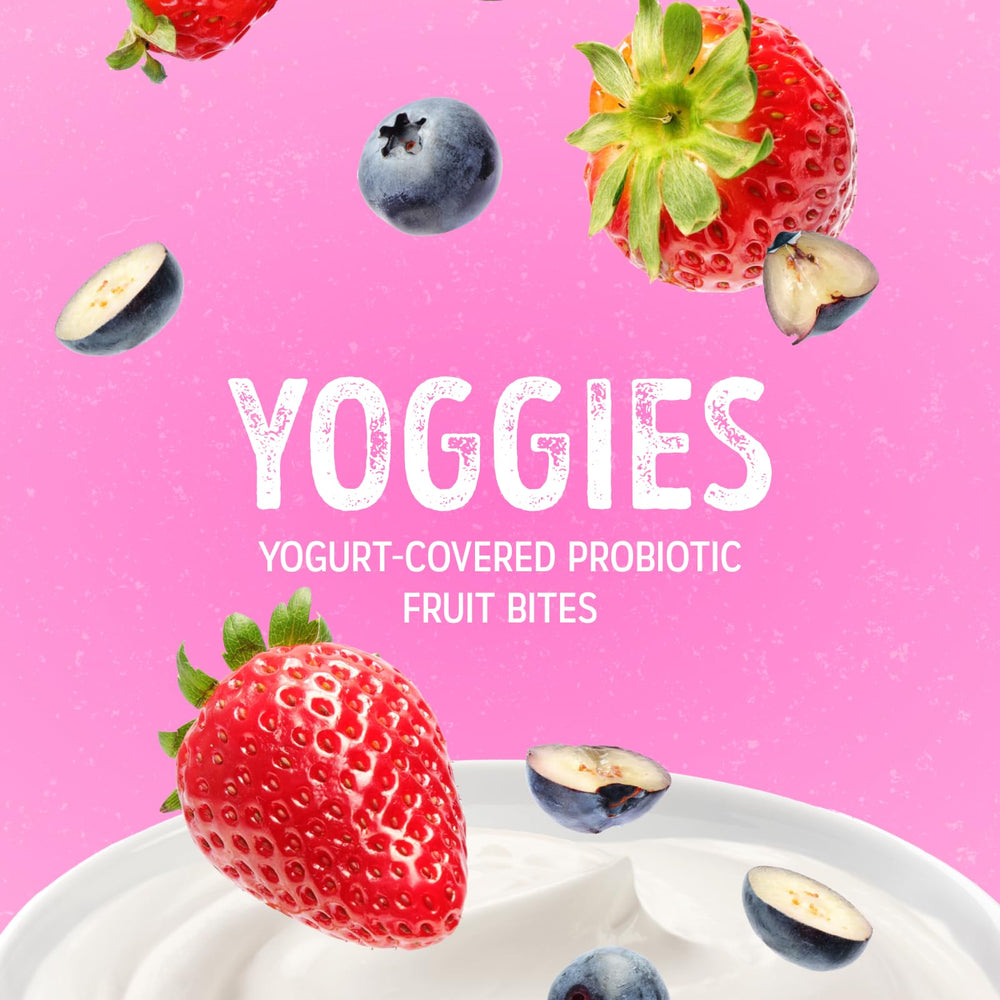 Nature's Garden Yoggies bags close-up real fruit pieces in yogurt coating