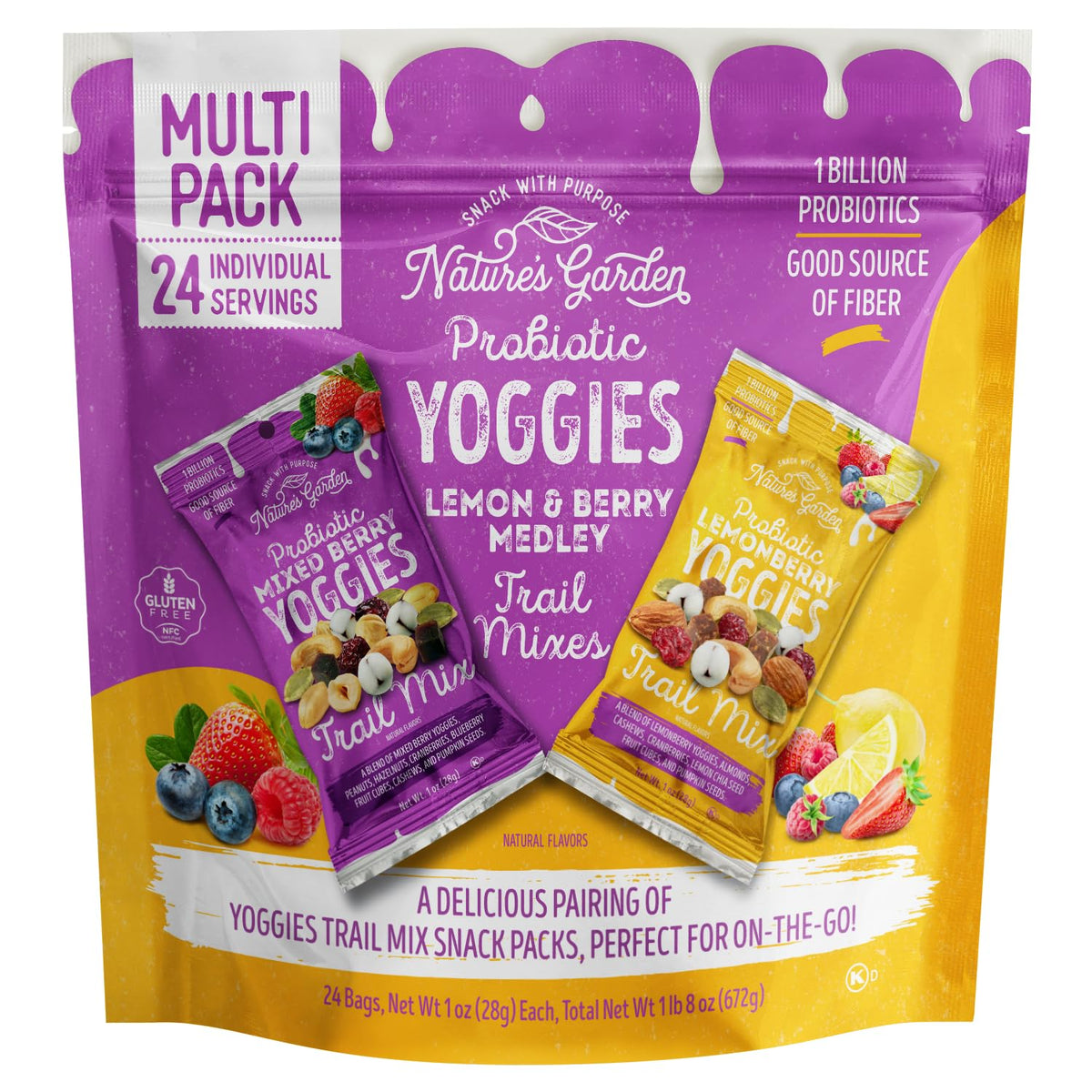 Nature's Garden Yoggies Lemonberry 1oz pack for on-the-go snacking and balanced energy.