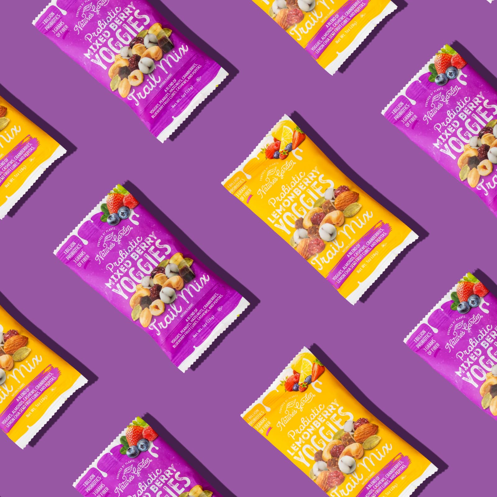 Nature's Garden Yoggies Trail Mix resealable bag preserves freshness for later.