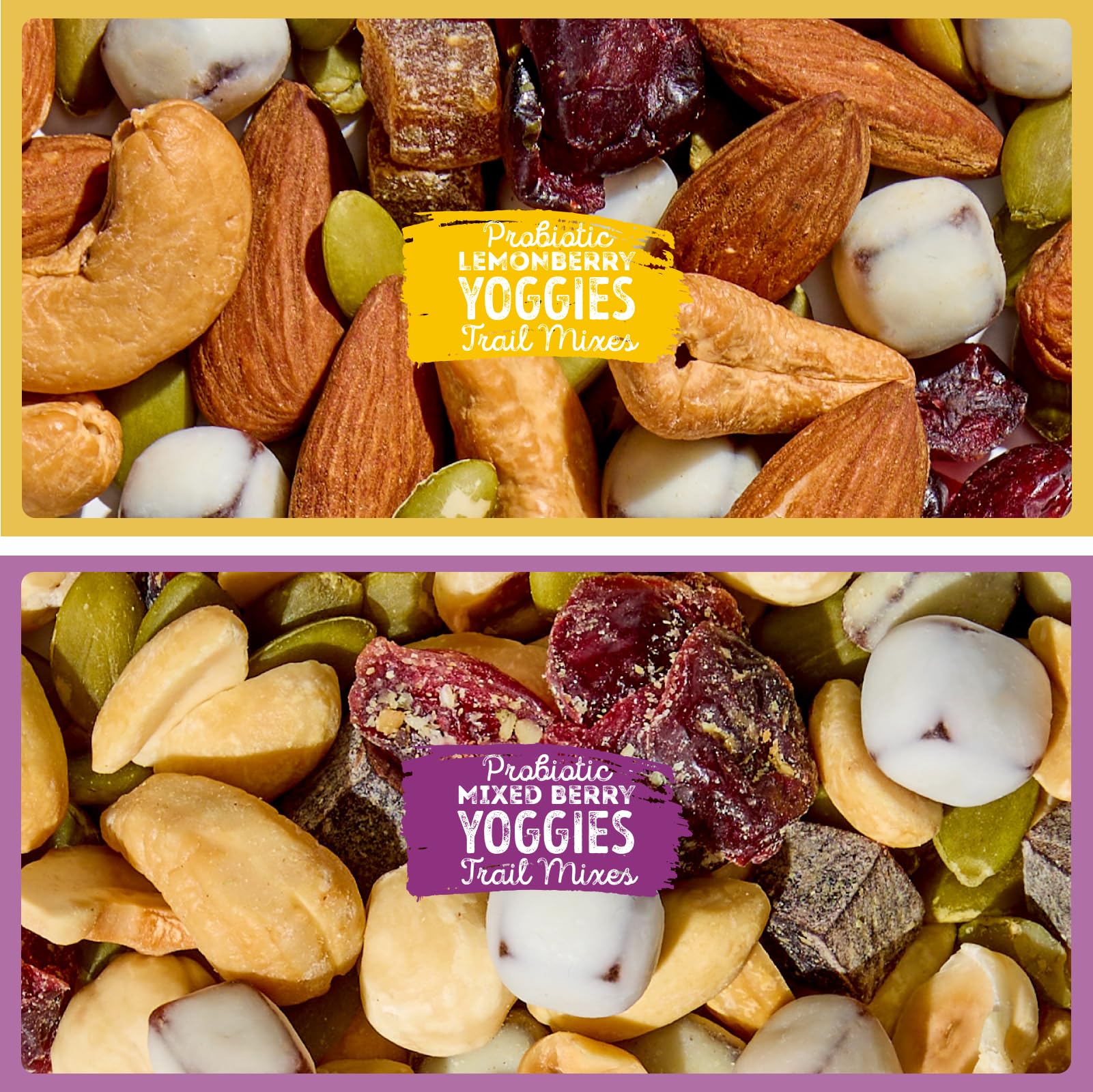 Nature's Garden Yoggies probiotic trail mix with yogurt coating for a creamy bite.
