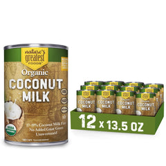 Nature's Greatest Foods coconut milk can close-up highlights pure, additive-free ingredient for cooking
