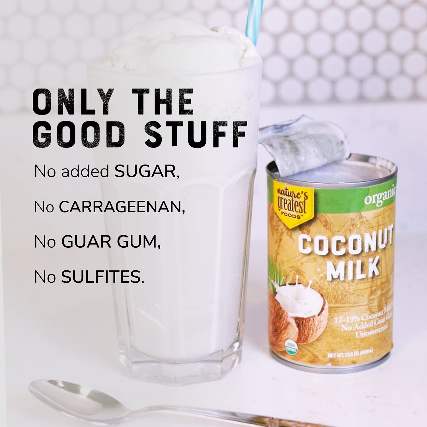 Nature's Greatest Foods coconut milk pour-over shot demonstrates unsweetened, versatile dairy-free option