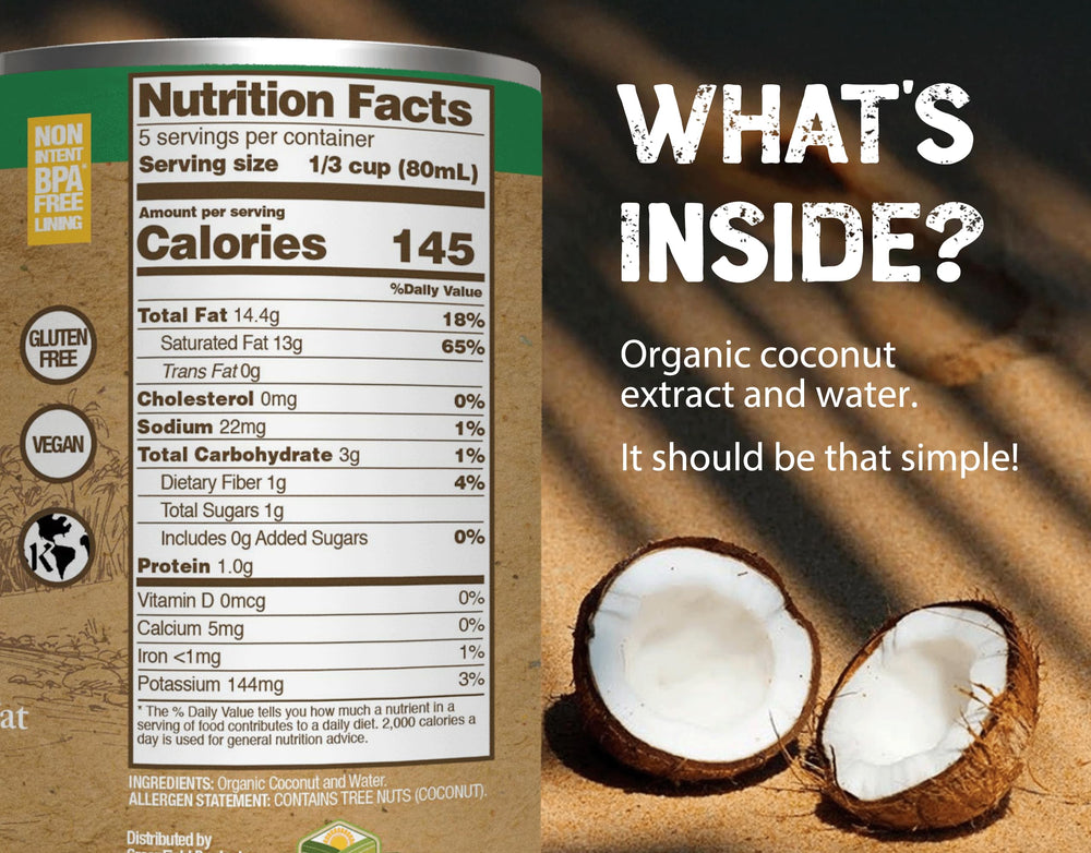 Nature's Greatest Foods coconut milk label shows organic certification and allergy-friendly claims