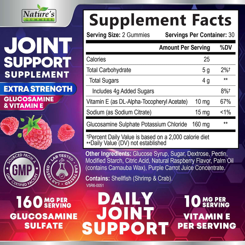 Close-up of Nature's Gummies Joint Support gummies showing chewy texture and berry flavor.