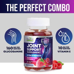 Nature's Gummies Joint Support bottle label highlighting glucosamine for joint wellness.