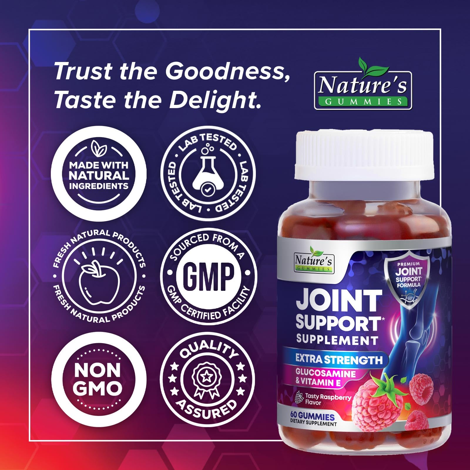 Nature's Gummies Joint Support bottle emphasizes Vitamin E for antioxidant support.