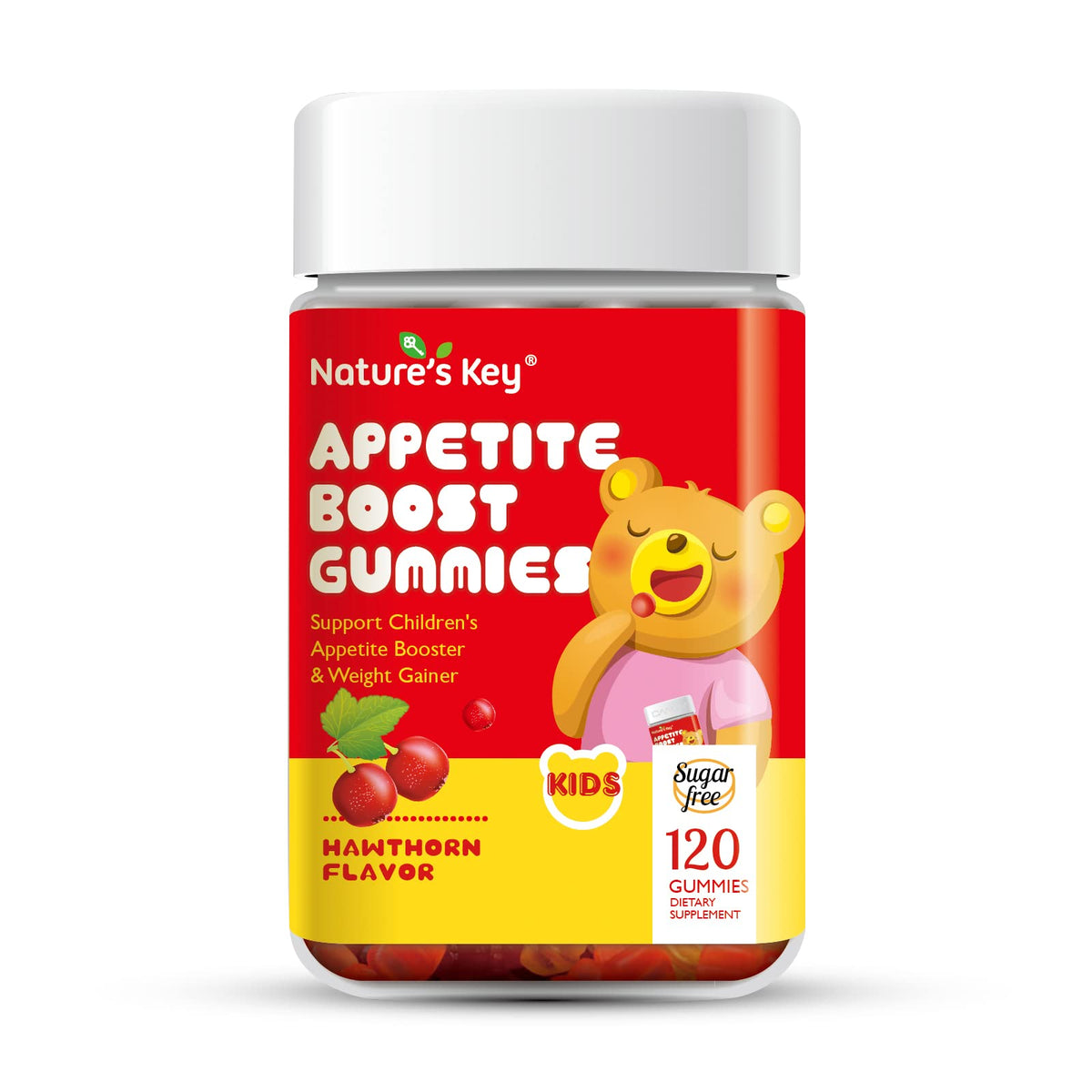 Nature's Key Appetite Booster Gummies bottle front with hawthorn flavor supports kid-friendly appetite.