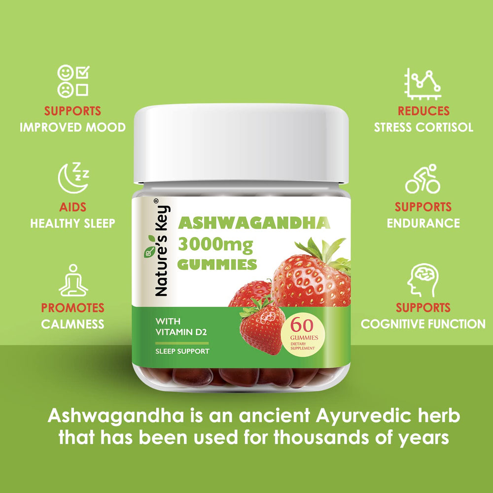 Strawberry-flavored Nature's Key Ashwagandha Gummies on a light background