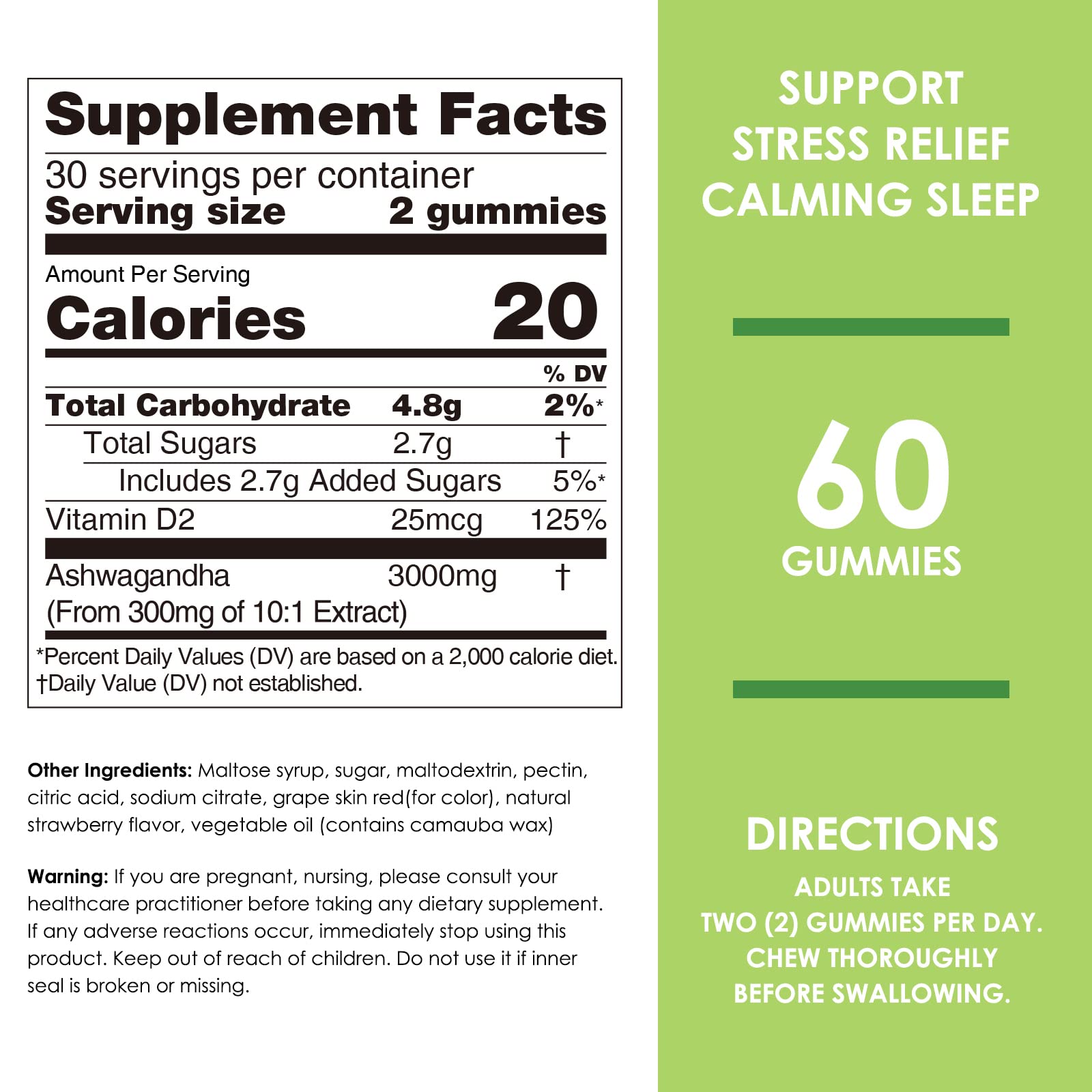 Label highlights vitamin D2 in Nature's Key Ashwagandha Gummies for absorption