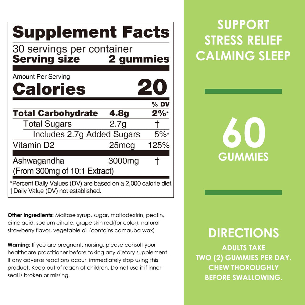 Label highlights vitamin D2 in Nature's Key Ashwagandha Gummies for absorption
