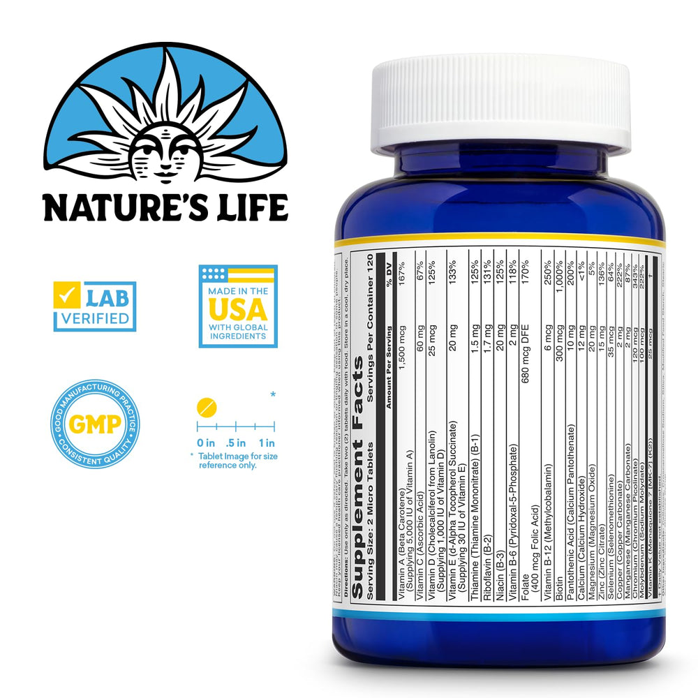 Nature's Life Mighty Mini Vite bottle side label shows essential nutrients for daily support